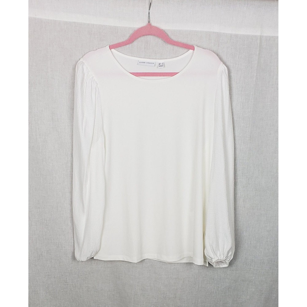 Susan Graver White Liquid Knit Puff Sleeve Blouse Top L Casual Work Summer